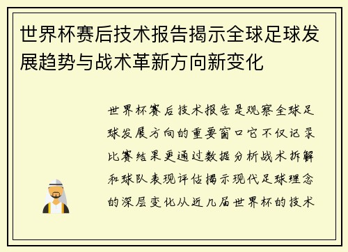 世界杯赛后技术报告揭示全球足球发展趋势与战术革新方向新变化